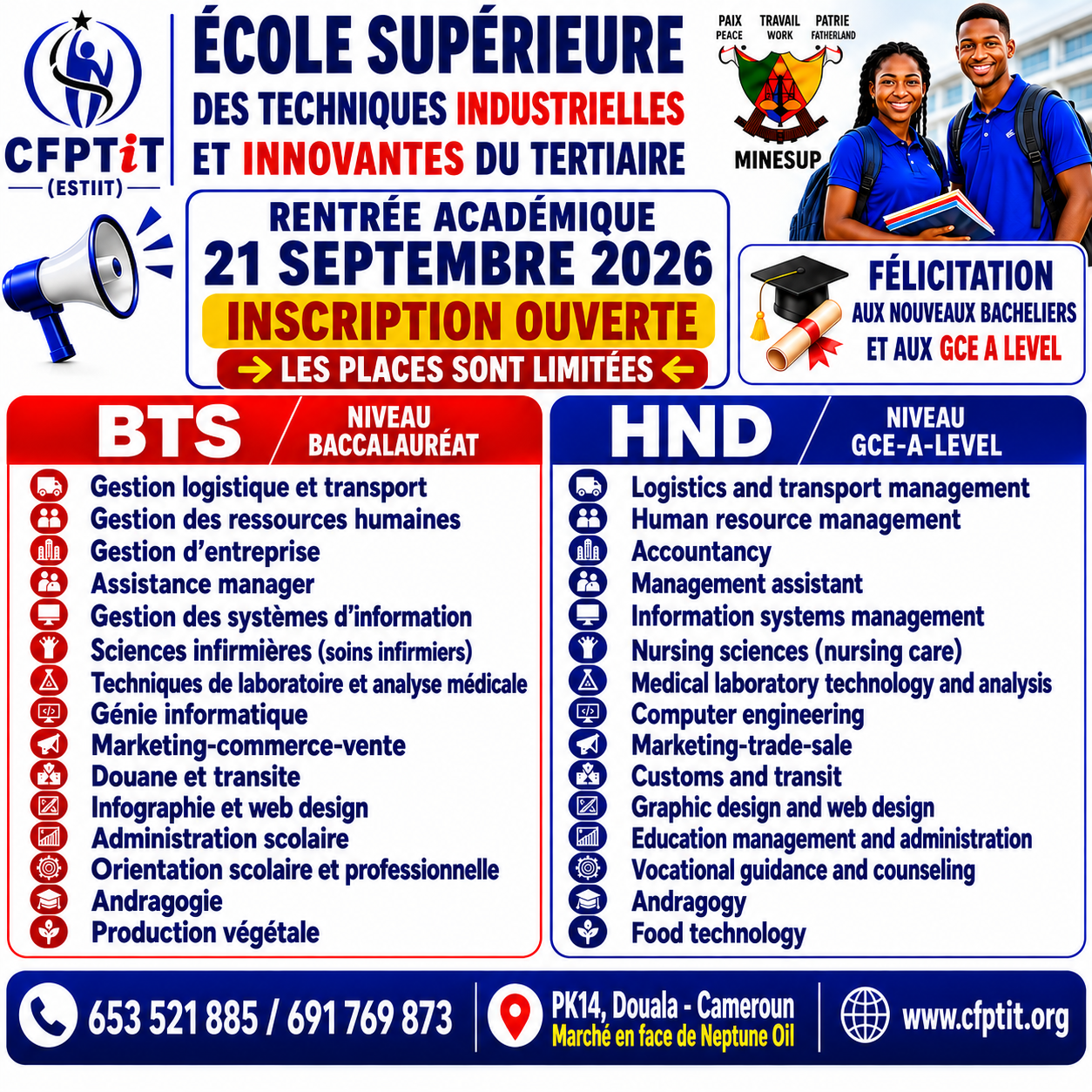 Affiche CFPTIT Supérieur (ESTIIT) — cycles BTS et HND