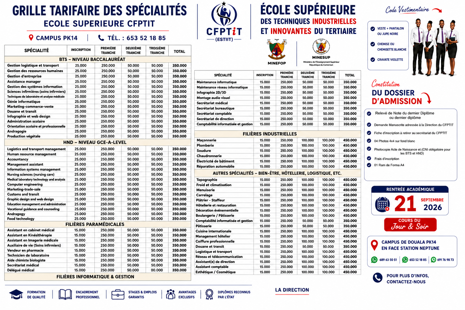 Grille tarifaire des spécialités — École Supérieure CFPTIT / ESTIIT, campus PK14 Douala